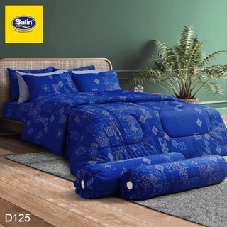 SATIN ชุดผ้าปูที่นอน พิมพ์ลาย Graphic D125 สีน้ำเงิน #ซาติน ชุดเครื่องนอน ผ้าปู ผ้าปูเตียง ผ้านวม กราฟฟิก