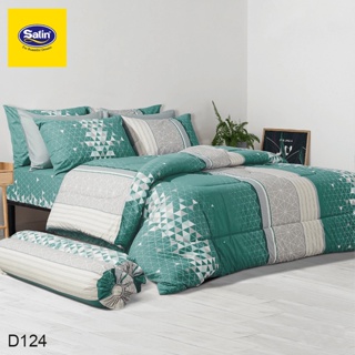 SATIN ชุดผ้าปูที่นอน พิมพ์ลาย Graphic D124 สีเขียวอมฟ้า #ซาติน ชุดเครื่องนอน ผ้าปู ผ้าปูเตียง ผ้านวม กราฟฟิก
