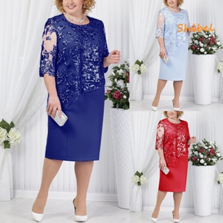 HOT_ Plus Size Party Sheer Half Sleeve Floral Lace Mother of Midi Dress