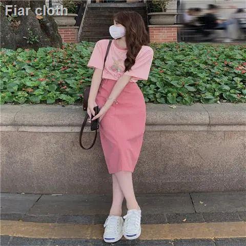 พร้อมส่ง-เสื้อสูทแฟชั่นสไตล์สาวหวานเวอร์ชั่นเกาหลีเสื้อยืดคอกลมแขนสั้น-กระโปรงเอวสูงสีชมพู-มี-2-สีให้เลือก