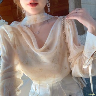 พร้อมส่ง #🔥เสื้อเชิ้ตชีฟองลายดอกไม้แขนพองสไตล์ใหม่ผู้หญิงด้านบนสั้นระดับไฮเอนด์