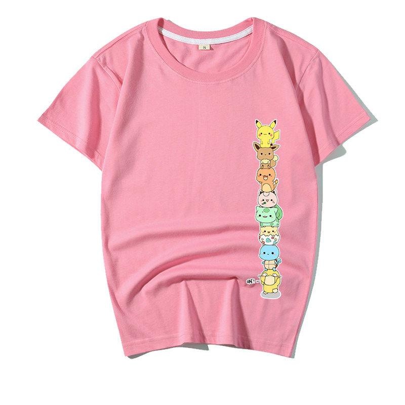 แนวโน้ม-เสื้อยืดคอตตอน-100-pokemon-อะนิเมะเสื้อยืด-pikachu-แขนสั้นเสื้อยืดผู้ชายและผู้หญิงเสื้อยืดสีขาวสีชมพูสีเหลืองผ