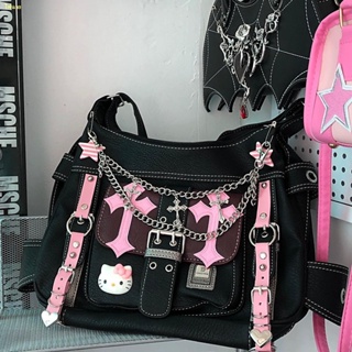 🍠stop🍠กระเป๋าถือ kitty cat black pink color contrast messenger bag