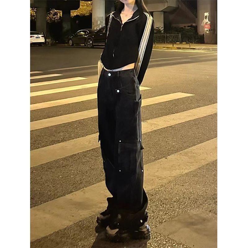 s-4xl-หลายกระเป๋า-กางเกงยีนส์เอวสูงสีดำเครื่องมืออเมริกันขนาดใหญ่ปิดเนื้อหลวมและกางเกงขากว้างบาง