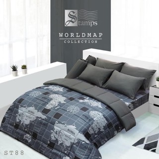 STAMPS ชุดผ้าปูที่นอน ลายแผนที่โลก World Map ST88 สีเทา #แสตมป์ส ชุดเครื่องนอน ผ้าปู ผ้าปูเตียง ผ้านวม ผ้าห่ม กราฟิก