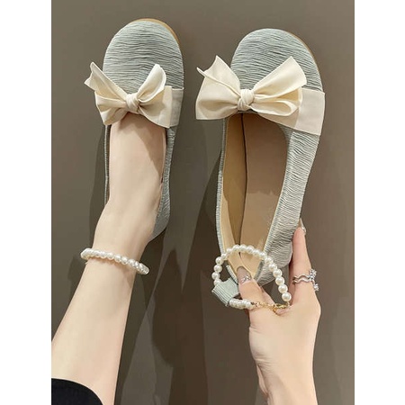 mary-jane-shoes-summer-2023-ใหม่-pearl-bow-flats-shallow-mouth-fairy-style-with-skirt-single-shoe-woman