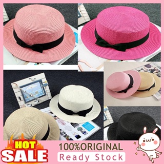 [B_398] Summer Boater Ribbon Bowknot Color Round Flat Straw Sun Cap Women Hat