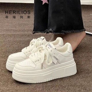 ✜☬HERILIOS ตาข่ายสีแดงล้วนรองเท้าสีขาวขนาดเล็กของผู้หญิงฤดูร้อนปี 2023 ใหม่รองเท้ากีฬาสไตล์ฮ่องกงทุกคู่เพิ่มความสูงด้านใ