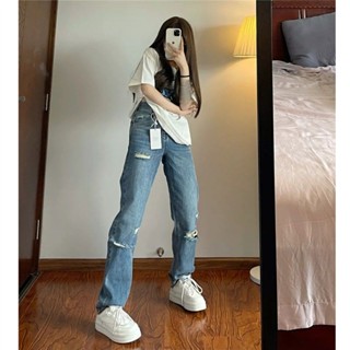 ในสต็อก👖XS-XL ยุโรปและอเมริกาขนาดใหญ่สีน้ำเงินฉีก BF กางเกงยีนส์ทรงตรงเอวสูงทรงหลวมบางเข้าได้กับทุกชุด