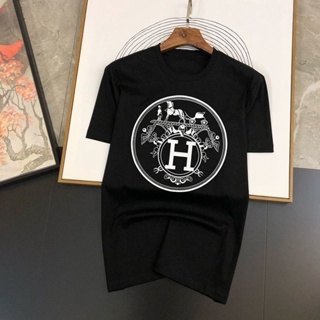 Hermes ใหม่ เสื้อยืดลําลอง ผ้าฝ้าย แขนสั้น คอกลม พิมพ์ลายตัวอักษร หรูหรา แฟชั่นฤดูร้อน สําหรับผู้ชาย