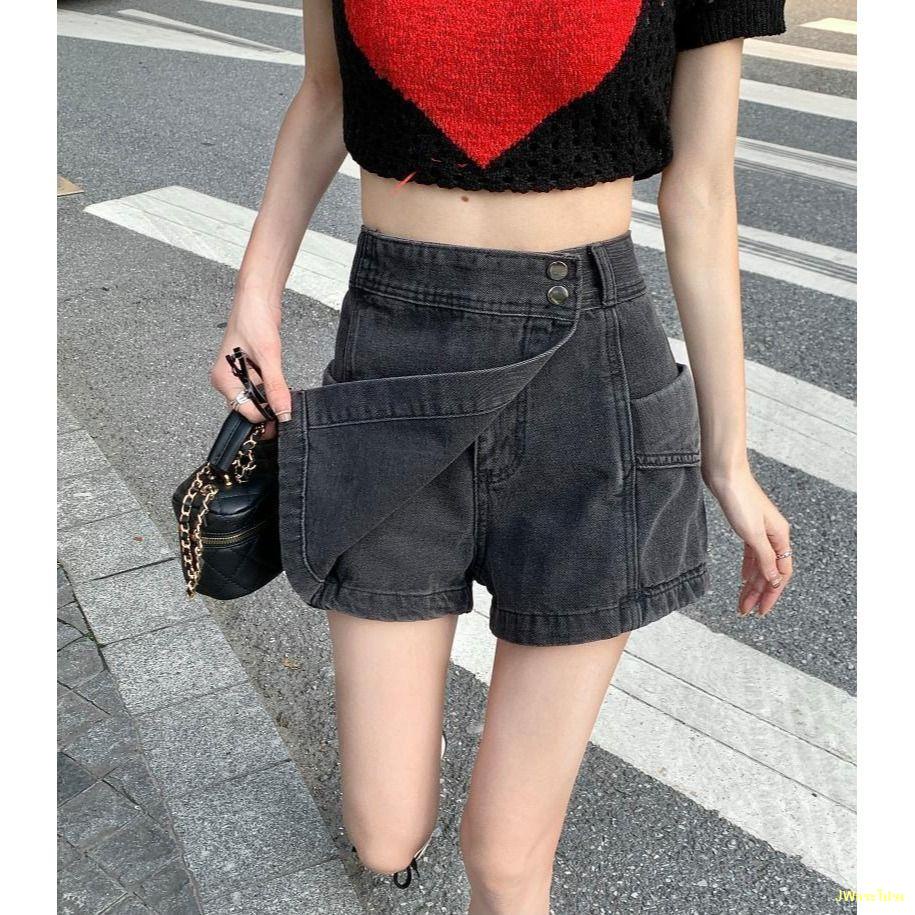 พร้อมส่ง-กระโปรงยีนส์ไม่สม่ำเสมอของผู้หญิงใหม่ย้อนยุคร้อนสาวกระโปรงกางเกงกระโปรงทรงเอ