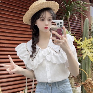 พร้อมส่ง✨เสื้อแฟชั่นสไตล์เกาหลี สีขาว คอตุ๊กตา น่ารัก ทรงกระโหลก สไตล์ใหม่ หวาน แขนสั้น เสื้อมี 3 สี