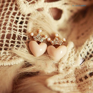 Calciumsp 1Pair Womens Fashion Sweet Faux Pearl Rhinestone Crown Heart Studs Earrings