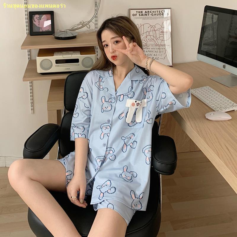 สปอตสินค้า-ใหม่ชุดนอนแขนสั้นบางชุดสองชิ้นกระต่ายสีฟ้าเสื้อผ้าบ้าน
