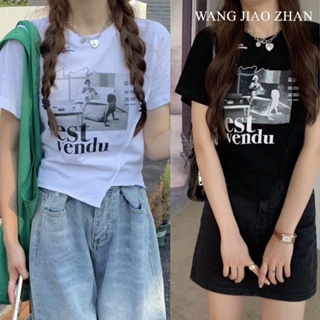 WANG JIAO ZHAN เสื้อยืดแขนสั้นพิมพ์ลายอินเทรนด์สำหรับผู้หญิง