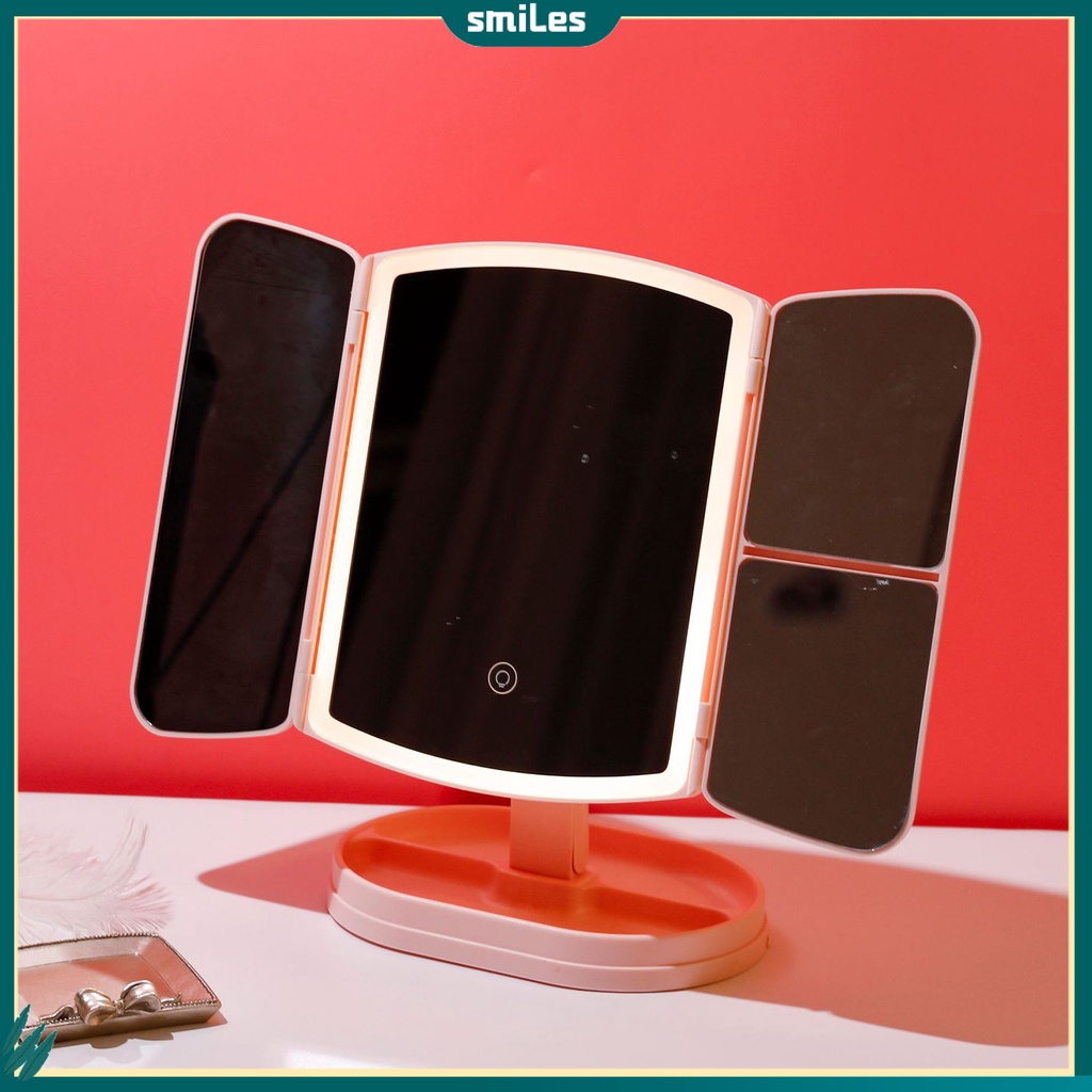 (smiles) กระจกแต่งหน้า LED แบตเตอรี่ 1200mAh พับได้ 3 ด้าน พร้อมไฟ ...