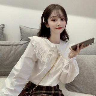💜XL เวอร์ชั่นเกาหลีขนาดใหญ่หวานผูกโบว์สไตล์วิทยาลัยลูกไม้ปกตุ๊กตานักเรียนแขนยาว OVERSIZE เสื้อเชิ้ตสีขาว