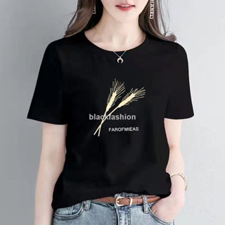 เสื้อยืดแขนสั้นลําลอง ผ้าฝ้าย ทรงหลวม พิมพ์ลาย สีดํา สีขาว แบบเรียบง่าย สไตล์บูติก สําหรับผู้หญิง