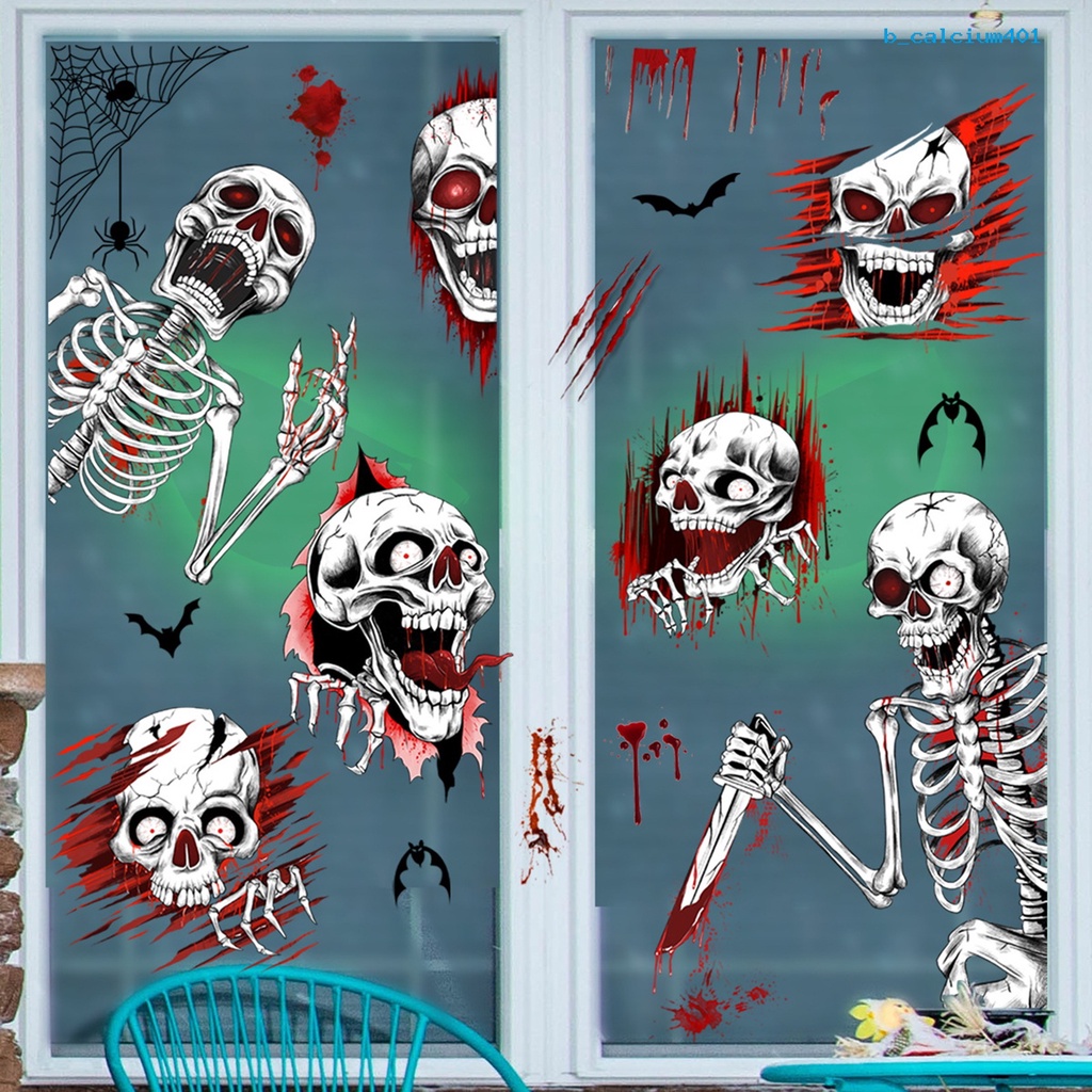 calcium-2-pcs-halloween-wall-stickers-scary-skeleton-skull-spider-horror-haunted-house-wall