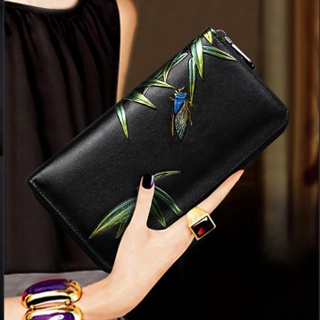 กระเป๋าสตางค์ กระเป๋าสตางค์ผู้หญิง หนังยาว มีซิป กระเป๋าสตางค์ Multi-Card Printing Country Style Clutch Wallet Handbag N