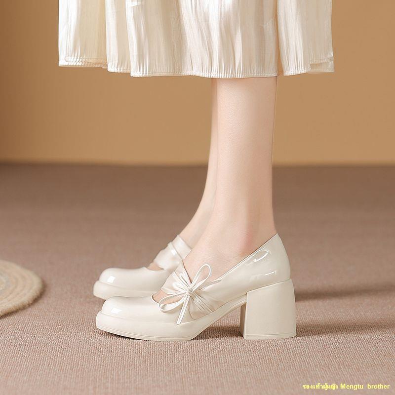 พร้อมส่ง-รองเท้าส้นสูงสตรีสไตล์ฝรั่งเศสย้อนยุคกุทัณฑ์ส้นหนาแพลตฟอร์มกันน้ำรองเท้าพื้นหนา