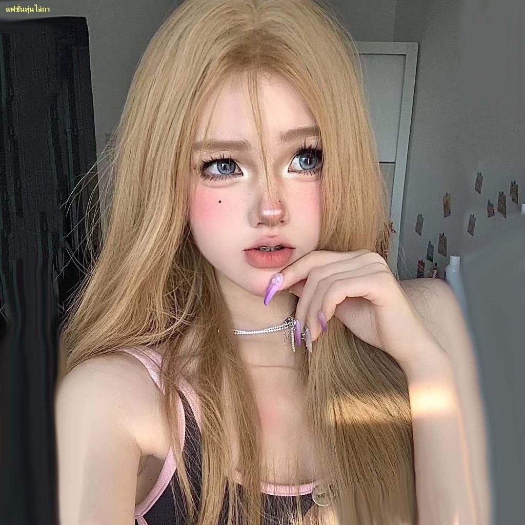 stop-แสกกลาง-หมวกปลอม-ผมยาว-สีเบจ-ทอง-ผมยาวตรง-ธรรมชาติ-หมวกเต็มใบ