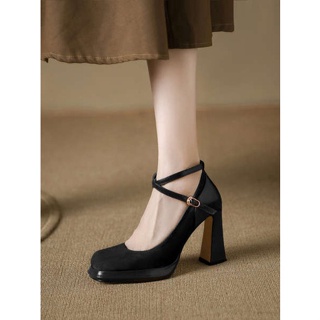 รองเท้าส้นสูงสีดำรองเท้าแต่งงานส้นหนาผู้หญิง Mary Jane 2023รุ่นใหม่ฤดูใบไม้ผลิและฤดูใบไม้ร่วงรองเท้าหัวเหลี่ยมแบบไขว้