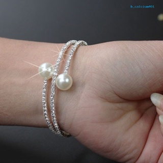 Calciumsp Women Full Rhinestone Multi-layer Wrist Bracelet Faux Pearl Cuff Open Bangle