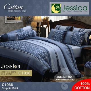 JESSICA ชุดผ้าปูที่นอน Cotton 100% พิมพ์ลาย Graphic C1036 สีน้ำเงิน #เจสสิกา ชุดเครื่องนอน ผ้าปู ผ้าปูเตียง ผ้านวม