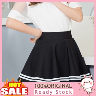 [B_398] Women Fashion Solid Color Waist Stripe Pleated Line Mini School Skirt