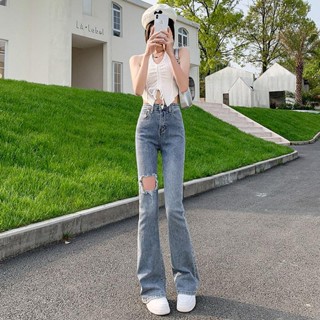พร้อมส่ง👖เปิดเผยขาเซ็กซี่ฤดูร้อนบางส่วนใหม่เอวสูงขากว้างกระชับสัดส่วนการออกแบบความรู้สึกสุภาพสตรีไมโครฮอร์นฉีกกางเกงยีน
