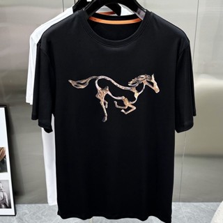 Hermes ใหม่ เสื้อยืดลําลอง แขนสั้น คอกลม พิมพ์ลาย แฟชั่นฤดูร้อน สไตล์คลาสสิก สําหรับผู้ชาย