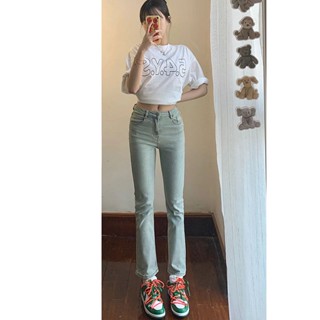 👖XS-2XL ขนาดใหญ่ย้อนยุคสีฟ้าอ่อนเอวสูงสลิมยืดหยุ่นตรงขากว้างกางเกงยีนส์ฤดูร้อนใหม่อเนกประสงค์ดูบาง