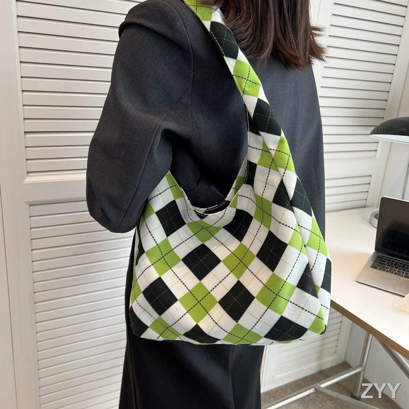กระเป๋าผ้าแคนวาสลายตารางหมากรุกระดับไฮเอนด์ผู้หญิง-2023-ใหม่ความจุขนาดใหญ่แฟชั่นกระเป๋าสะพายไหล่พกพาได้ทุกแบบ