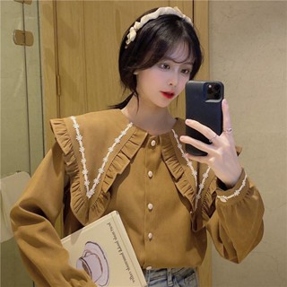 S-2XL ฝรั่งเศสขนาดใหญ่ขนาดเล็กสดและหวานบนปกตุ๊กตาเสื้อเชิ้ตสีกากีแขนยาวเสื้อเชิ้ตอารมณ์สีขาวเก๋ไก๋