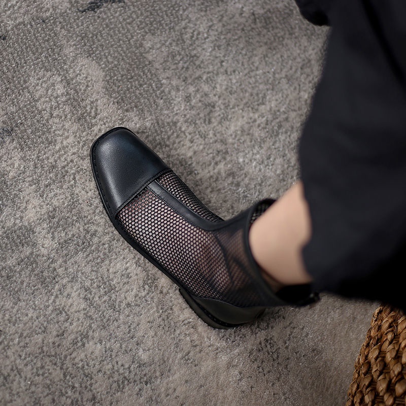 พร้อมส่ง-35-40ดำ-ส้นเท้าหนา-ตาข่าย-รองเท้า-แตะ-ผู้หญิง-หัวสี่เหลี่ยม-ส้นเตี้ย-รองเท้าแตะ-รองเท้าบูทสุทธิ-ฤดูร้