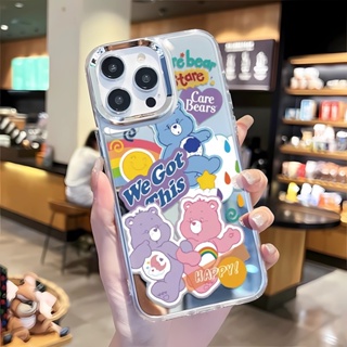 เคสโทรศัพท์มือถือ กรอบโลหะ กระจก ลายหมีสายรุ้งน่ารัก สําหรับ iphone 14 pro max 11 12 13 8 7 Plus X XR XSMax