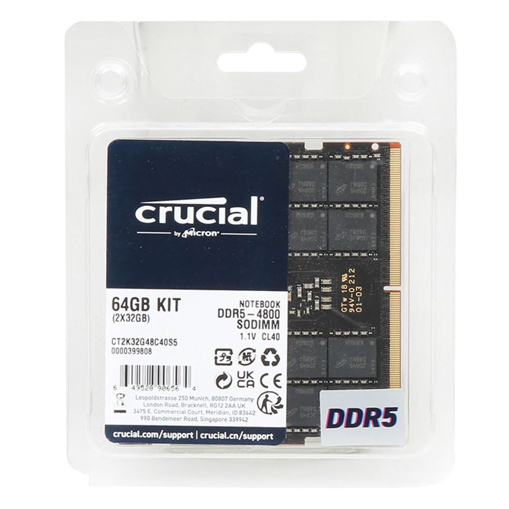 Crucial Laptop Memory DDR5 SDRAM 64GB (2 x 32GB) 4800MHz CL40 SO