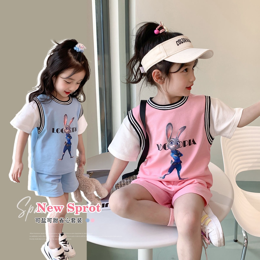 kissbaby-เสื้อผ้าเด็กผู้หญิงฤดูร้อน-2023-ใหม่เกาหลีชุดลำลองแฟชั่นสไตล์ต่างประเทศเด็กชุดกีฬาเด็กแขนสั้นชุดสองชิ้น