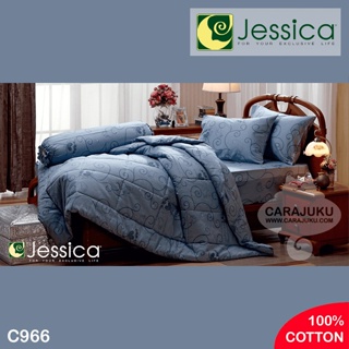 JESSICA ชุดผ้าปูที่นอน Cotton 100% พิมพ์ลาย Graphic C966 สีน้ำเงิน #เจสสิกา ชุดเครื่องนอน ผ้าปู ผ้าปูเตียง ผ้านวม ผ้าห่ม