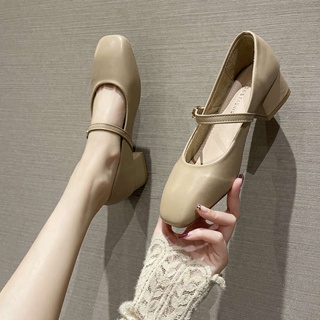 ฝรั่งเศสมารีเจนรองเท้าผู้หญิงกลางส้นเท้า 2023 ฤดูใบไม้ผลิและฤดูใบไม้ร่วงใหม่สแควร์นิ้วเท้ารองเท้าหนังขนาดเล็ก slotted หั