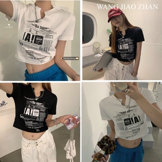 WANG JIAO ZHAN เสื้อยืดแขนสั้นพิมพ์ลายคอวีสไตล์เกาหลีใหม่