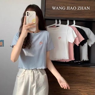 WANG JIAO ZHAN เสื้อยืดเอนกประสงค์แฟชั่นแขนสั้นปักลาย