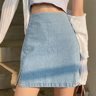พร้อมส่ง🌈S-L วิทยาลัยสไตล์เรโทรสีฟ้าอ่อนเอวสูงสลิมกระโปรงทรงเอกระโปรงยีนส์นักเรียนกระโปรงสั้นผ่าข้างทุกชุด