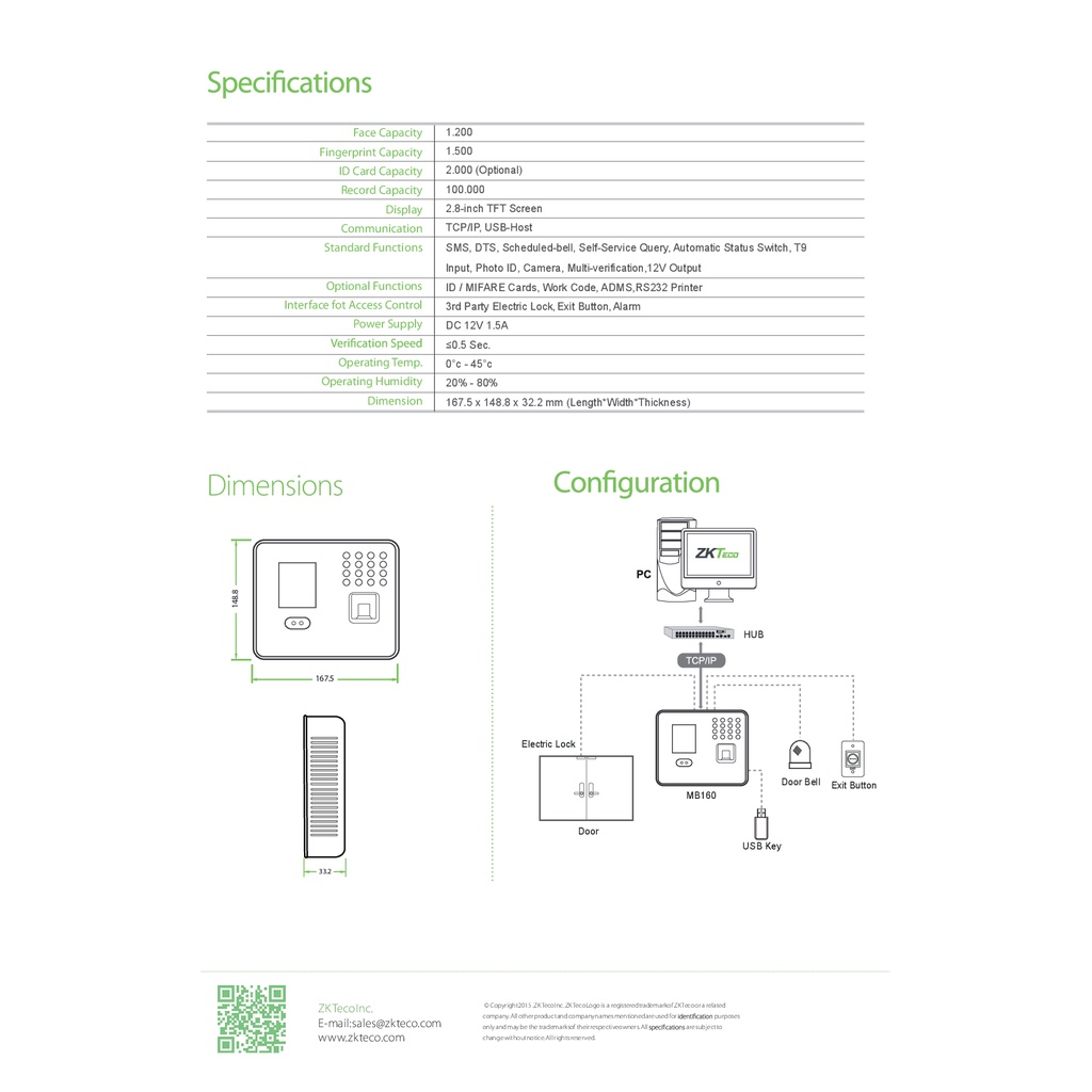 zkteco-mb160-time-attendance-เครื่องสแกนนิ้วและใบหน้า-รับประกัน-2-ปี