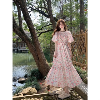 ✾เดรสฝรั่งเศสลายดอกไม้ฤดูร้อนสีชมพูกระโปรงแหวกชา Mori First Love Dress Super Fairy เดรสทรงเอ กระโปรงแขนพองสไตล์เกาหลี