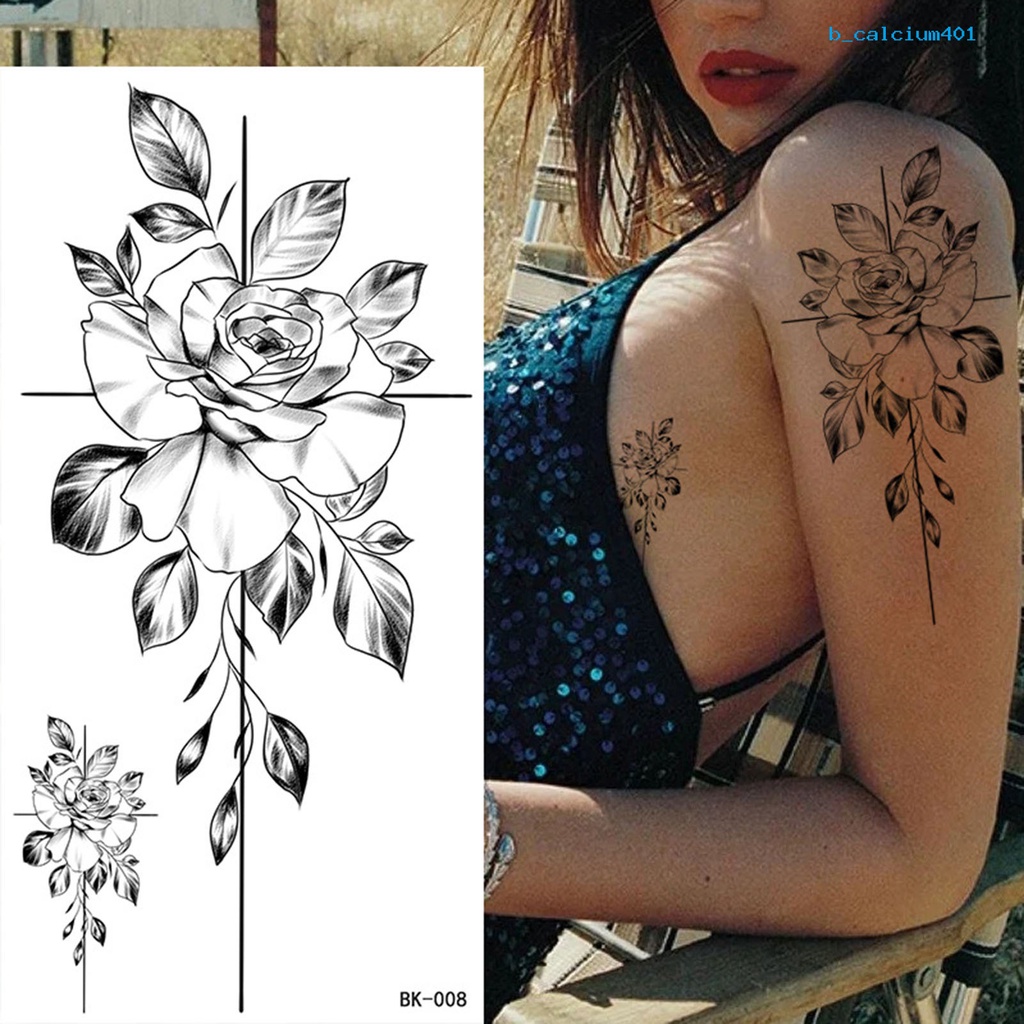 calcium-tattoo-sticker-waterproof-sketching-flowers-temporary-black-white-floral-tattoo-personal-use