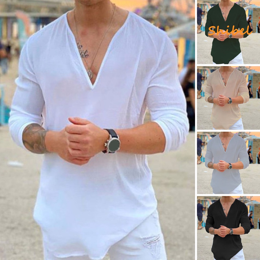 hot-ฤดูร้อนผู้ชายเสื้อยืดการดูดซึมเหงื่อสีทึบแขนคอวีหลวมพอดีเสื้อด้านบนสำหรับผู้ชาย