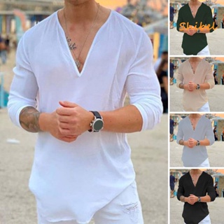 HOT_ ฤดูร้อนผู้ชายเสื้อยืดการดูดซึมเหงื่อสีทึบแขนคอวีหลวมพอดีเสื้อด้านบนสำหรับผู้ชาย