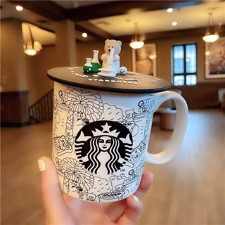 Starbucks ใหม่ แก้วมักเซรามิก ลายการ์ตูนหมี พร้อมฝาปิด เป็นมิตรกับสิ่งแวดล้อม สําหรับใส่กาแฟ นม